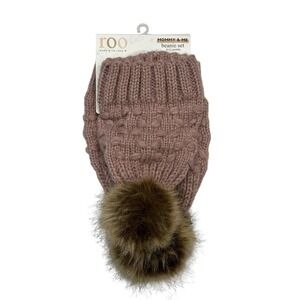 Roo Mommy and‎ Me Beanie Set Mauve Pink Knit Faux Fur Pom Pom Matching Hats NEW